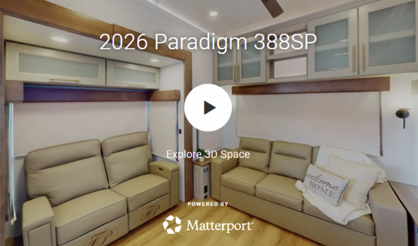 Interior of 2026 Alliance Paradigm 388SP fifth wheel with dual sofas and 3D tour preview overlay.