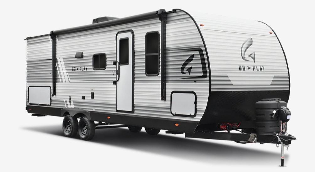 Go Play travel trailer with gray and black exterior, dual axles, front hitch setup, and streamlined design shown on a white background.