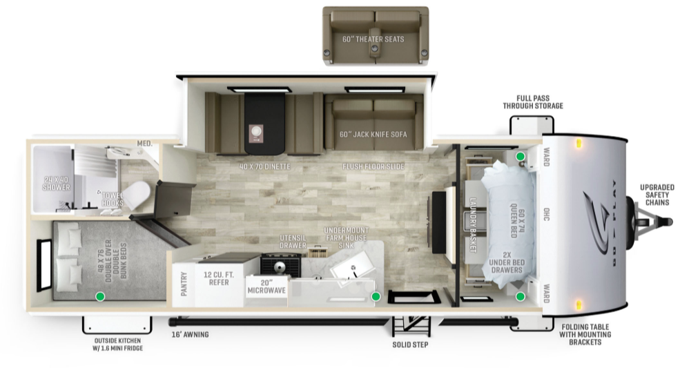Detailed overhead floor plan of a travel trailer featuring rear bunk beds, a full bathroom, mid kitchen and dinette, slide-out sofa and theater seating, and a front queen bedroom with storage.