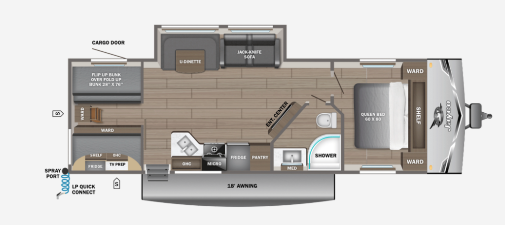 Overhead floor plan of a Jayco travel trailer showing rear bunk beds, U-shaped dinette, sofa, mid kitchen and bathroom, and a front queen bedroom with storage.
