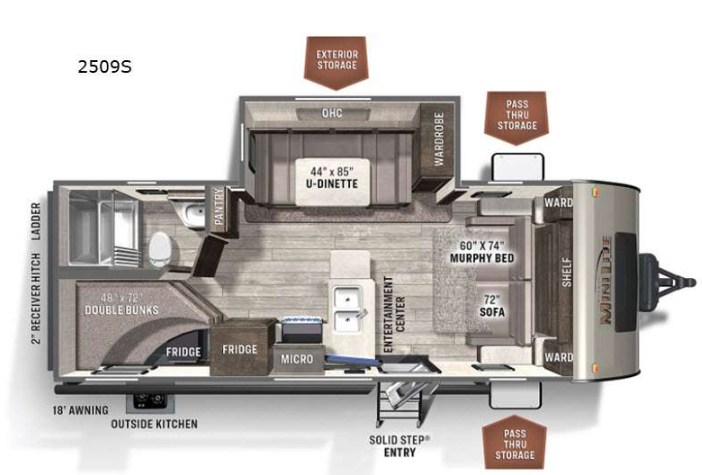 Overhead floor plan of a 2509S travel trailer featuring rear bunk beds, full bathroom, mid kitchen and U-shaped dinette, entertainment center, and a front Murphy bed with sofa and pass-through storage.