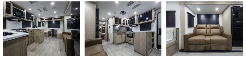 Three-image collage showing a travel trailer interior with open living space and kitchen, a kitchen and entertainment area with cabinetry and TV, and a theater-style reclining loveseat at the rear.