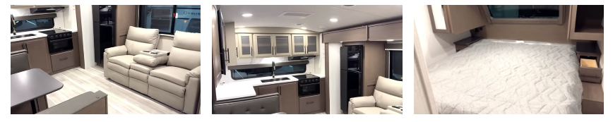 Three-image collage showing a travel trailer living area with reclining sofa, a kitchen with cabinets and appliances, and a bedroom with a mattress and side storage.