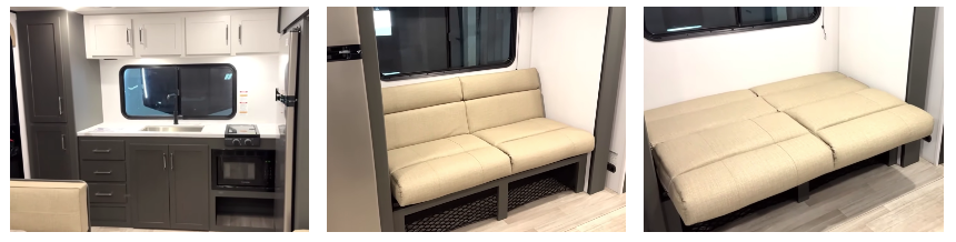 Three-image collage showing a travel trailer kitchen, a bench-style sofa under a window, and the sofa converted into a flat sleeping surface.