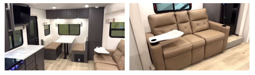Two-image collage showing a travel trailer dinette with booth seating and table, alongside a reclining sofa with fold-down tray and cupholders