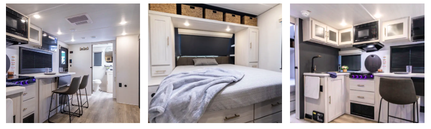 Three-image collage showing a travel trailer interior with kitchen and bar seating, a front bedroom with bed and overhead storage, and a compact kitchen with sink and appliances.