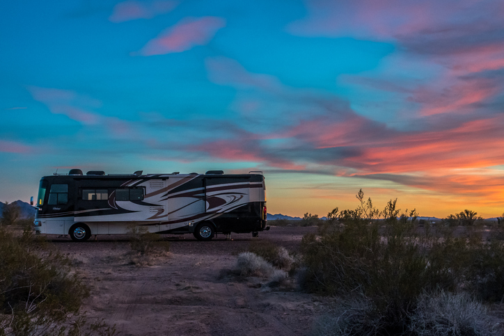 Quartzite, AZ, USA - January 3, 2020: An RV parked along the preserve park