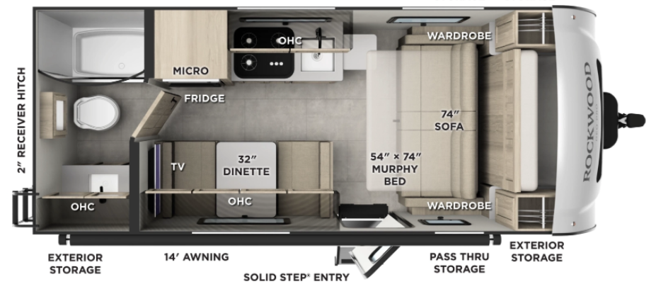 Top-down floor plan of a Rockwood travel trailer showing a Murphy bed, sofa, dinette, kitchen, bathroom, wardrobes, and labeled storage areas.