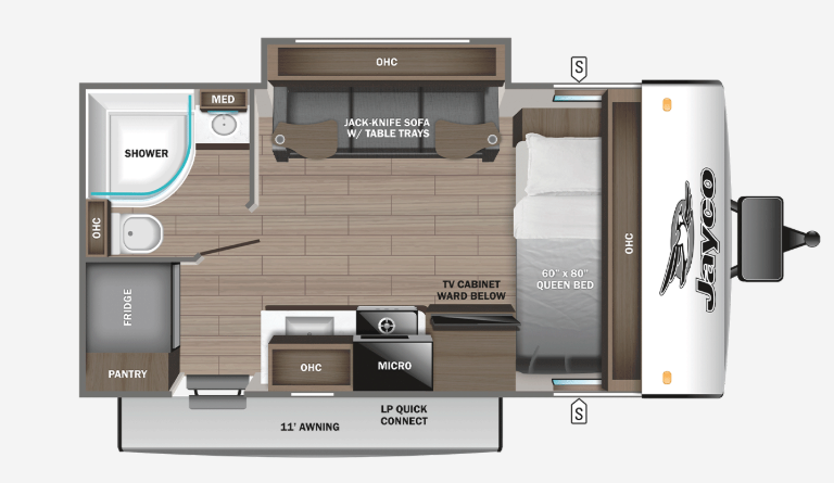 Top-down floor plan of a Jayco travel trailer featuring a queen bed, jackknife sofa with table trays, kitchenette, pantry, bathroom with shower, and overhead storage.
