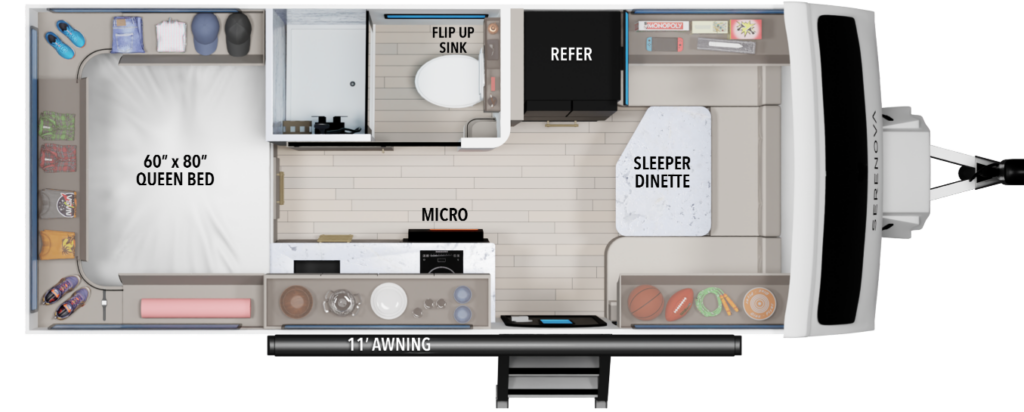 Top-down floor plan of a compact travel trailer with a queen bed, sleeper dinette, kitchenette, refrigerator, bathroom with flip-up sink, and exterior awning.