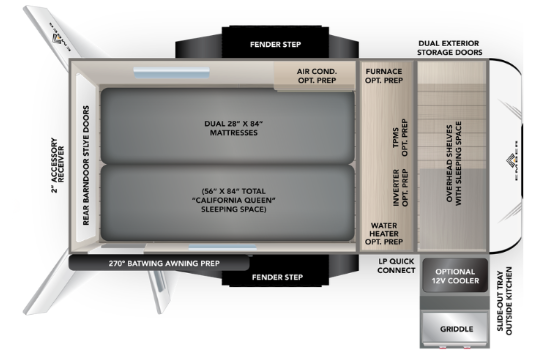 Top-down floor plan of a compact camper trailer featuring dual mattresses, rear barn doors, exterior storage, optional kitchenette, and labeled utility prep areas.