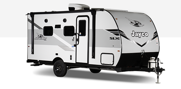 Jayco Jay Flight SLX travel trailer with white and gray exterior, side awning, and single axle shown on a white background.