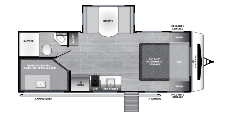 Top-down floor plan of a Coleman travel trailer featuring a front queen bed, dinette slide-out, bunk beds, kitchenette, bathroom with shower, camp kitchen, and pass-through storage.