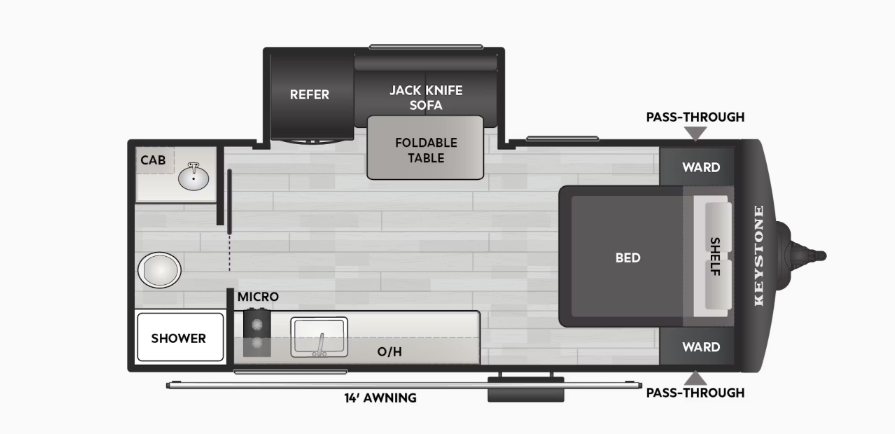 Top-down floor plan of a Keystone travel trailer featuring a front queen bed, jackknife sofa with foldable table, kitchenette, rear bathroom, and pass-through storage.