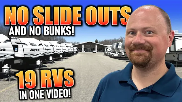 YouTube thumbnail featuring a smiling man beside a row of RVs with bold text reading “No Slide Outs and No Bunks! 19 RVs in One Video