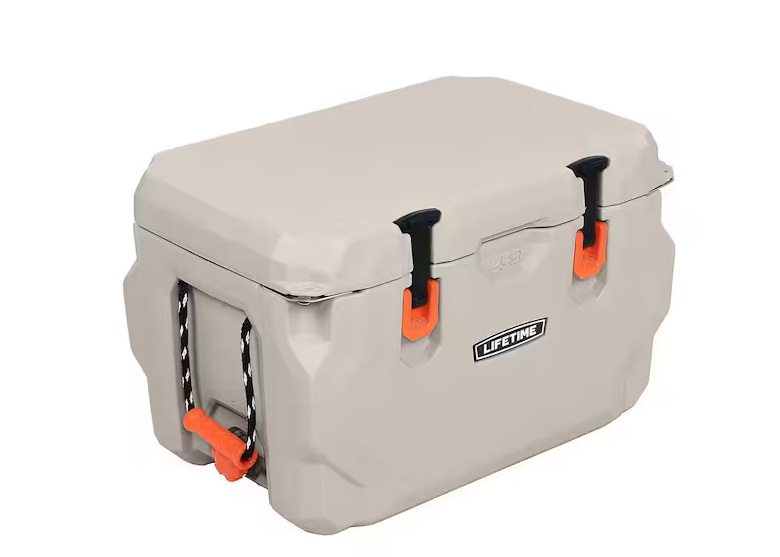 Heavy-duty Lifetime hard-sided cooler with a gray rotomolded body, secure orange latches, and rugged construction designed for outdoor camping and adventure use