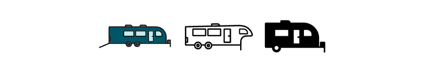 Simple icon illustration comparing three RV types, including a travel trailer, fifth wheel, and teardrop-style camper, shown in side-profile silhouettes