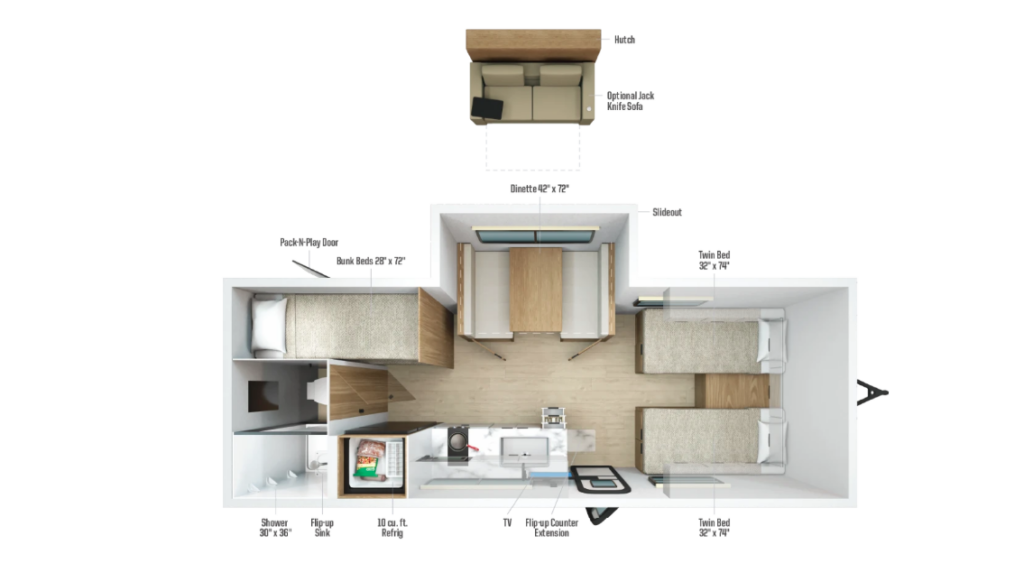 Overhead RV floor plan featuring dual front twin beds, a slide-out dinette, rear bunk beds with Pack-N-Play cargo access door, full bathroom, and a functional kitchen layout designed for families and travelers who prefer separate sleeping spaces.