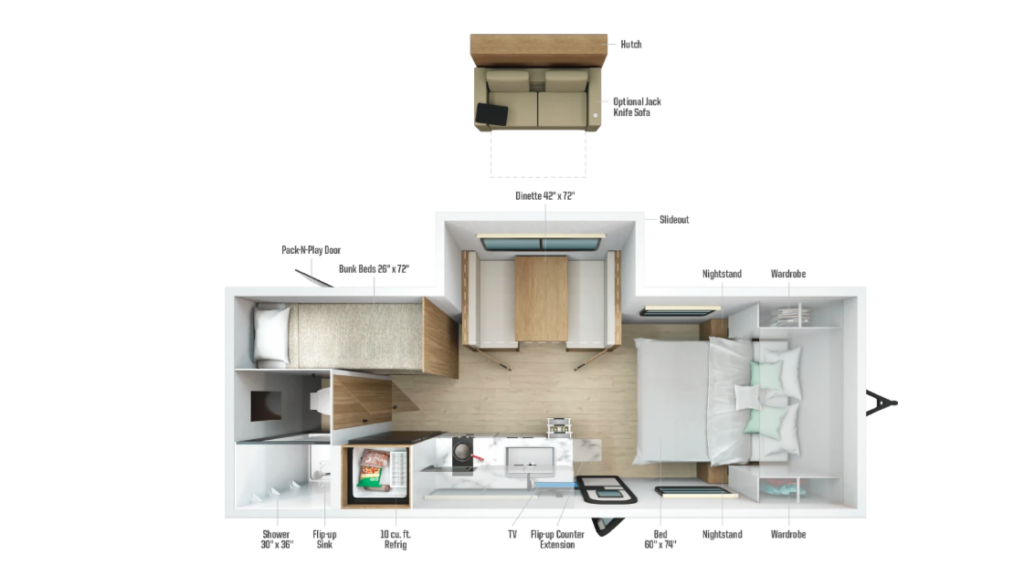 Overhead RV floor plan featuring a front queen bedroom, slide-out dinette, rear bunk beds, full bathroom, spacious kitchen, and optional jackknife sofa, designed for family camping and comfortable travel.