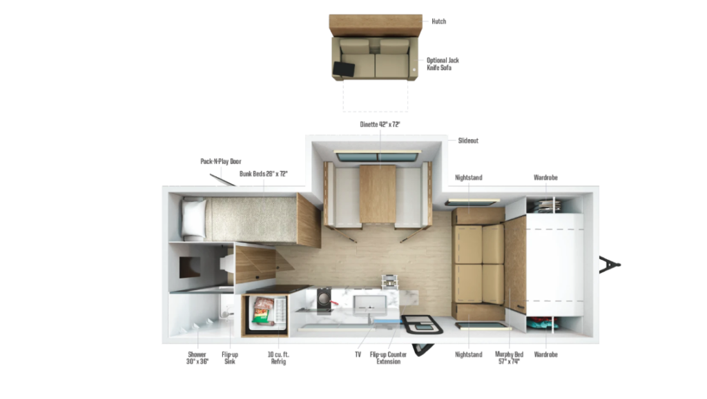 Overhead RV floor plan featuring a front Murphy bed with wardrobes and nightstands, slide-out dinette, rear bunk beds, full bathroom, kitchen with flip-up counter extension, and optional jackknife sofa for flexible living and sleeping space.