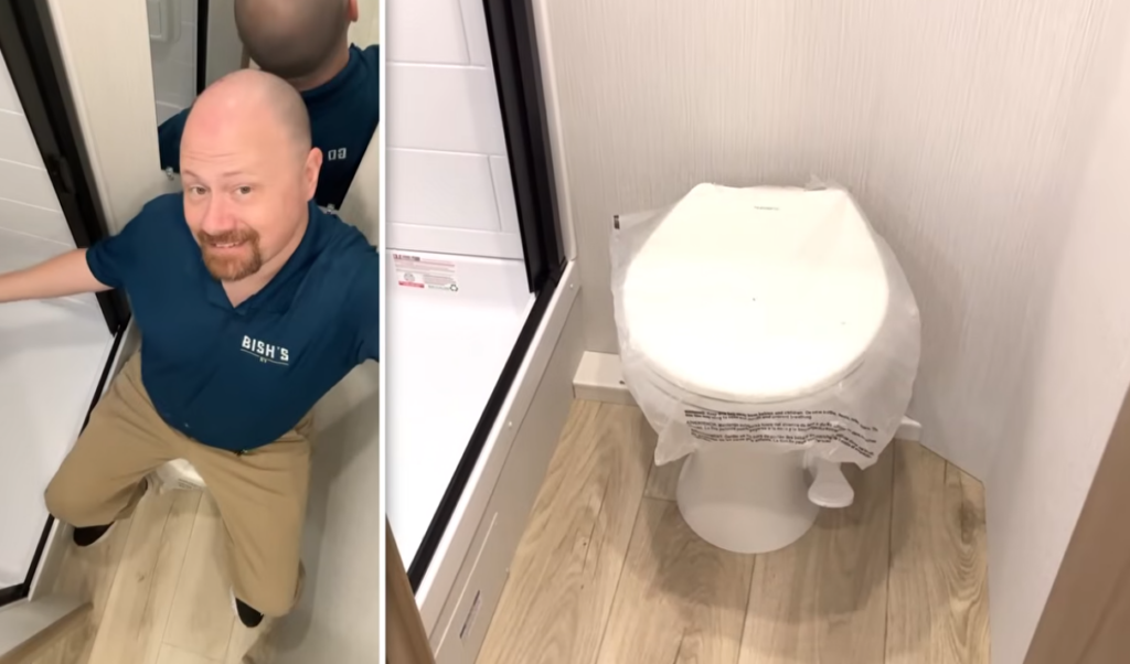 RV bathroom featuring a foot-flush toilet positioned beside a residential-style shower, showcasing the compact yet functional layout commonly found in modern travel trailers.