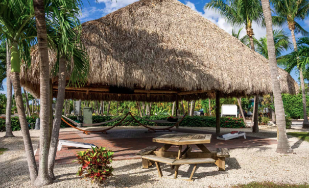 Tropical tiki pavilion at a luxury RV resort featuring a large thatched-roof gathering area, hammocks, picnic seating, and swaying palm trees. The shaded outdoor space provides guests with a relaxing island-inspired retreat perfect for socializing, unwinding, and enjoying resort-style camping amenities