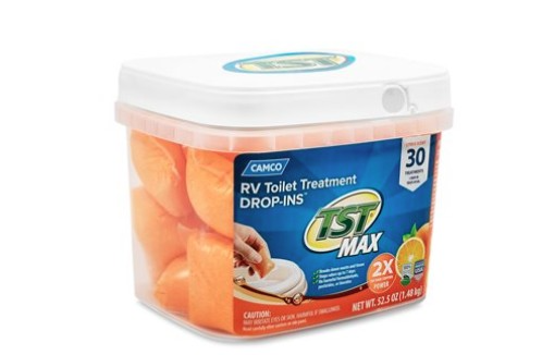 Container of Camco TST MAX RV Toilet Treatment Drop-Ins designed to control odors, break down waste, and improve black tank performance. These pre-measured treatment packets help RV owners maintain cleaner holding tanks, prevent unwanted smells, and simplify black tank maintenance for hassle-free camping and travel.