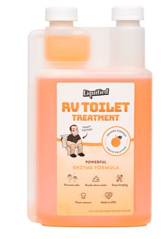 Bottle of Liquified RV Toilet Treatment featuring an enzyme-based formula designed to break down waste, control odors, and improve black tank performance. This RV holding tank treatment helps prevent buildup, supports easier dumping, and promotes cleaner, more efficient operation of RV sanitation systems during camping and travel