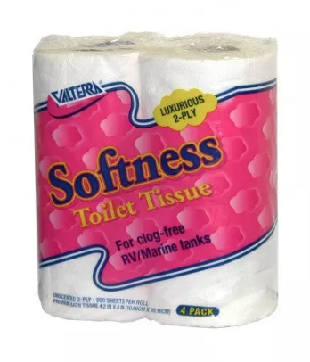 Pack of Valterra Softness RV and marine toilet tissue designed specifically for clog-free use in RV black tanks and marine sanitation systems. The rapidly dissolving two-ply toilet paper helps reduce the risk of clogs, improves waste breakdown, and supports proper holding tank maintenance for RV owners