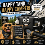 Colorful RV black tank maintenance infographic from Bish’s RV featuring a smiling cartoon holding RV tank treatment beside a happy camping dog. The graphic highlights essential black tank care tips including using tank treatment, RV-safe toilet paper, keeping dump valves closed, and proper dumping practices to prevent odors, clogs, and sensor issues while extending the life of an RV waste system.