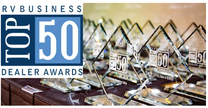 RVBusiness Top 50 Dealer Awards logo displayed alongside crystal award trophies presented to the nation's top RV dealerships. The annual RVBusiness Top 50 Dealer Awards recognize excellence in customer service, sales performance, business innovation, and leadership within the recreational vehicle industry, honoring dealerships that set the standard for the RV buying and ownership experience.
