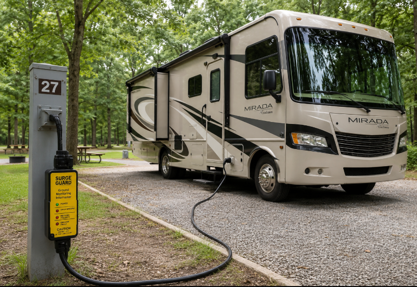 Class A motorhome parked at a wooded campground campsite and connected to campground power through an RV surge protector with built-in ground fault protection. The image highlights the importance of using an RV surge protector to safeguard electrical systems from power surges, faulty campground wiring, and voltage fluctuations while camping.