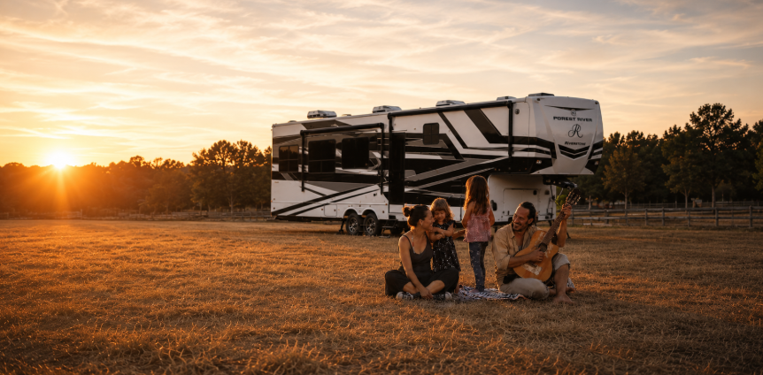 Family gathered outside a luxury Forest River RiverStone fifth wheel at sunset, enjoying music and quality time together in an open field. The warm golden-hour setting captures the joy of RV travel, family camping adventures, and creating lasting memories while experiencing the comfort and luxury of a premium fifth wheel