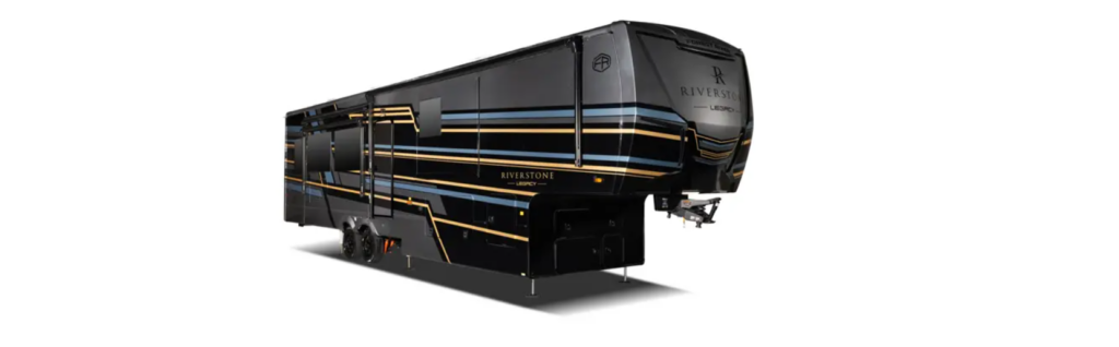 Forest River RiverStone Legacy luxury fifth wheel featuring a striking black exterior with premium gold accents, full-body paint, multiple slide-outs, and a bold automotive-inspired front cap. Built for full-time RV living and extended travel, the RiverStone Legacy delivers residential luxury, high-end craftsmanship, and premium amenities for RV owners seeking one of the most luxurious fifth wheels on the market.