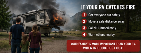 Safety graphic showing an RV on fire with a family standing at a safe distance while black smoke rises from the vehicle. The infographic outlines four critical RV fire safety steps: get everyone out safely, move a safe distance away, call 911 immediately, and warn others nearby. The graphic emphasizes that protecting your family is always more important than saving the RV and reinforces the importance of having an emergency evacuation plan.
