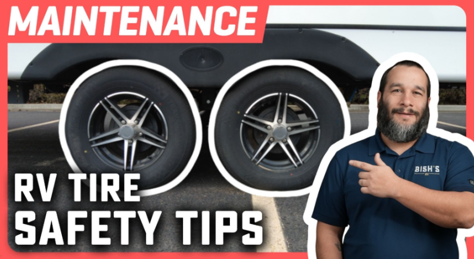 Educational graphic about RV tire safety featuring a tandem-axle travel trailer and an RV technician highlighting essential tire maintenance tips.