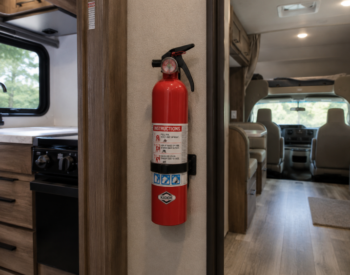Portable fire extinguisher securely mounted inside an RV near the kitchen and main living area for quick emergency access.