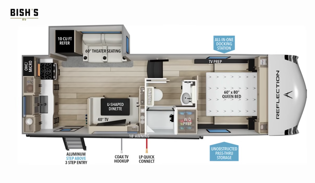 Floorplan of the Grand Design Reflection travel trailer showcasing a front queen bedroom, spacious rear living area with theater seating, U-shaped dinette, fully equipped kitchen, large bathroom, and abundant storage.