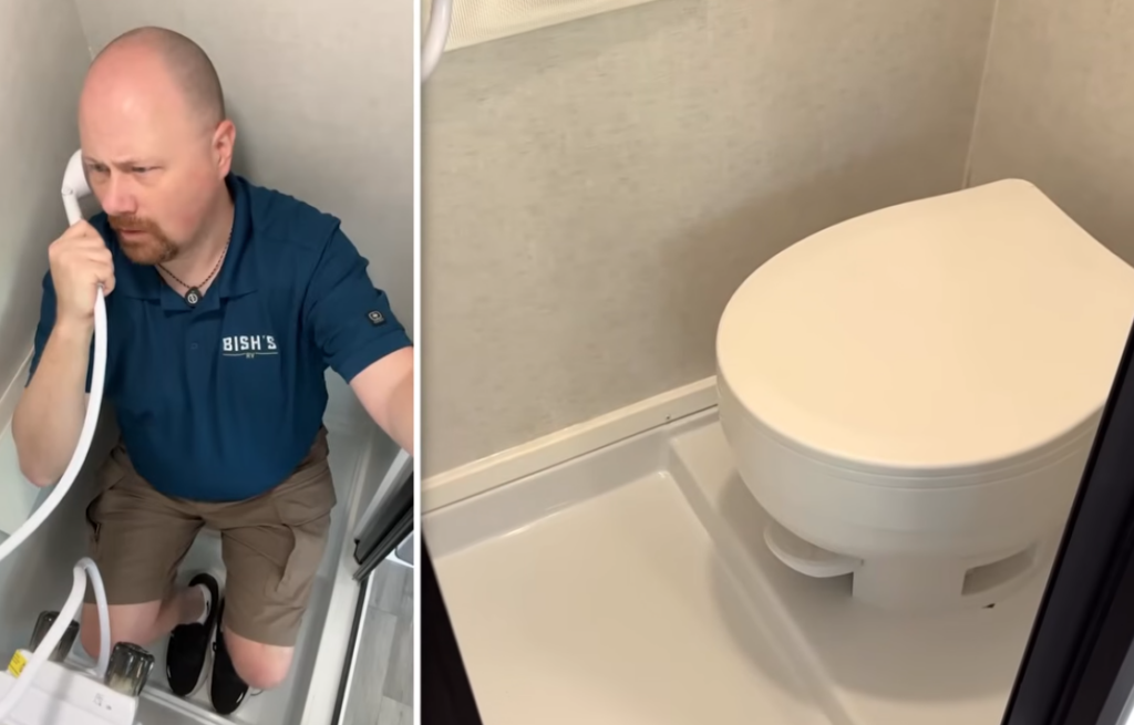 Split image demonstrating the wet bath inside the Modern Buggy Hopper travel trailer. On the left, a person kneels in the shower to illustrate available space, while the right side highlights the integrated cassette toilet.