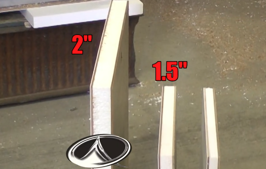 Comparison of 2-inch and 1.5-inch thick laminated wall construction used in travel trailers, illustrating the increased insulation, strength, and durability of thicker walls.