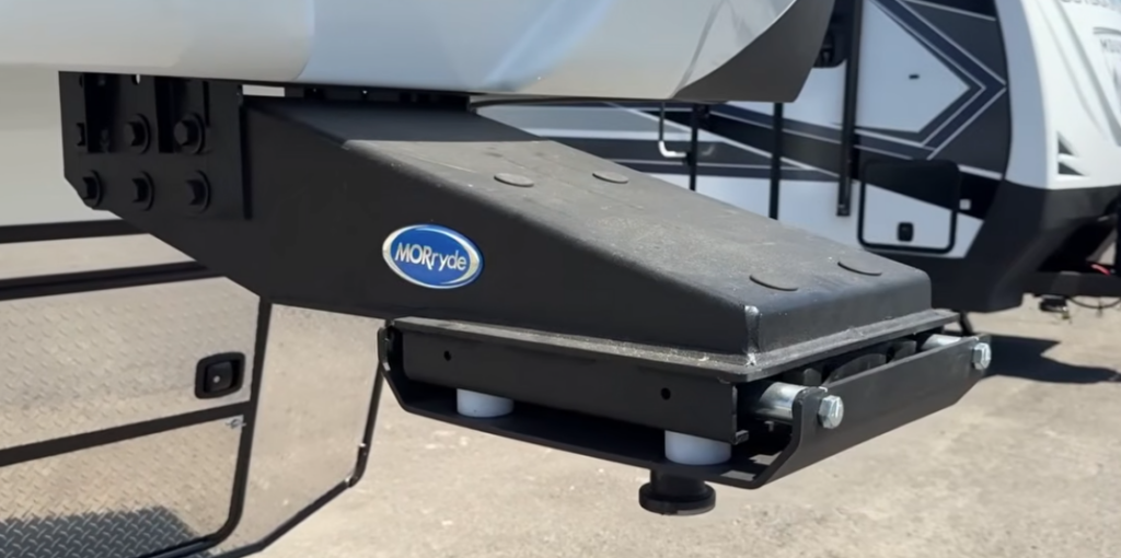 Close-up of the MORryde rubber pin box on an Outdoors RV travel trailer, engineered to absorb road shock and reduce chucking during towing.